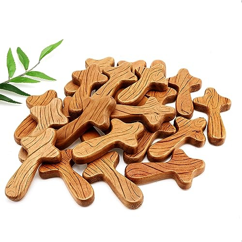 24 Pcs Wood Holding Crosses Bulk Hand Held Prayer Pocket Pine Cross Easter Holding Hand Cross Jesus Clinging Religious Christian Gift for Church First Communion(2.36 x 1.34 x 0.47 Inches,Light Brown)