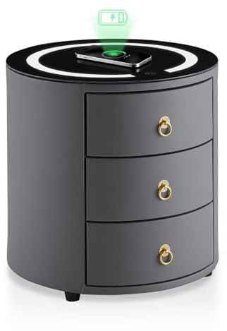 TUKAILAi Table de Chevet Ronde avec 3 Tiroirs, Table de Chevet Connectée, Table de Nuit Ronde Gris Intelligent, Table d’Appoint Chargeur Telephone sans Fil, Chambre Salon Cadeau