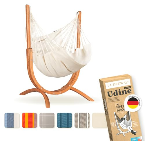 LA SIESTA® - Chaise Suspendue Udine en Coton Biologique avec Support en Bois - Fait Main, indéchirable - Fauteuil Suspendu Interieur avec Support en Eucalyptus certifié FSC - Latte