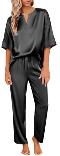 Ekouaer Pigiama Donna Estivo Pigiami Due Pezzi Pantaloni in Raso Corta Pigiami Morbido e Leggero Pantaloni Set Pigiama da Notte Estivo Lungo,Noir,XXL
