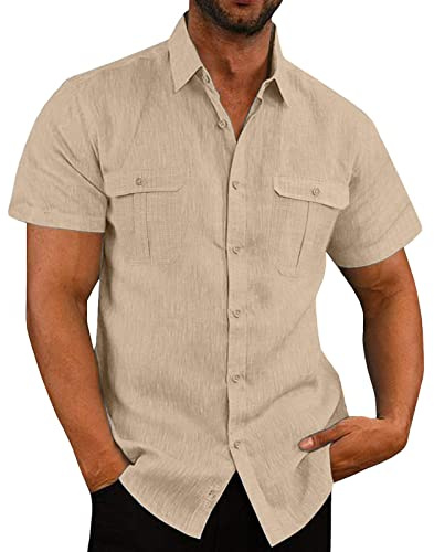 Color Solido Camisa Lino Hombre,Algodón y Lino Camisetas Manga Corta Hombre de Cuello Solapa con Botones Informal Camisa Manga Corta Hombre en Distintos Colores Corte Regular Camiseta Hombre