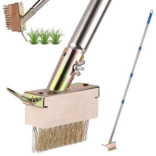 Brosse à mauvaises herbes à long manche pour nettoyer les terrasses, pavés et allées de terrasse avec poils métalliques coudés, grattoir à lame de 152,4 cm pour enlever l'accumulation de mousse (bleu)