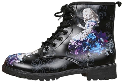 Ulalaza Bottes pour Femmes Bout Rond Talons Bloc Bottines Plateforme Gothique À Lacets Punk Bottes De Combat De Moto en Cuir Imprimé Multicolore Grosses Bottes Courtes