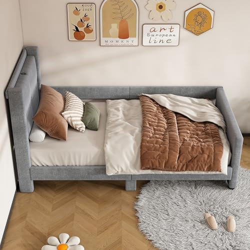 Rtopsu Polsterbett Kinderbett 90x200 cm, Schlafsofa Tagesbett mit USB Ladefunktion, Sofabett Jugendbett Bettgestell mit Lattenrost aus Holz Erwachsene und Kinder, Cotton Leinen, Grau, Ohne Matratze