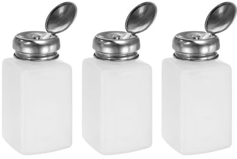 sourcing map 3pcs Solvent Alcohol Dispenser 200ml(6.7oz) Push Down Liquid Dispenser Pump Bottle with Sealing Stainless Steel Lid for Acetone Solution, White
