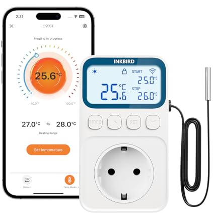 Inkbird Termoregolatore Regolatore di Temperatura,C236T WiFi Termostato con Sonda,Riscaldamento e Raffreddamento,Funzione di Allarme,LCD Display,Presa Termostato per Casa,Rettili,Serra,Incubazione