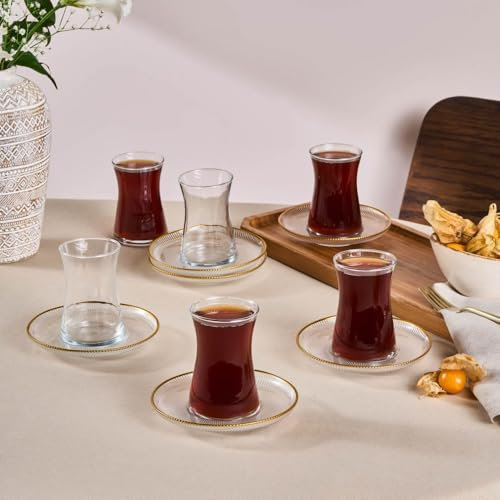 Karaca Juliet Service à thé turc 12 pièces pour 6 personnes, 170 ml, verre, service à thé turc doré, verres à thé de luxe, service à thé élégant, doré