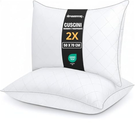 Dreamway Cuscini Letto 50x70 cm Set di 2 Cuscino Morbidi e Confortevoli, Qualità Alberghiera di Lusso,Traspiranti e Anallergici, Ideali per Chi Dorme di Lato, sulla Schiena e a Pancia in Giù, Lavabili