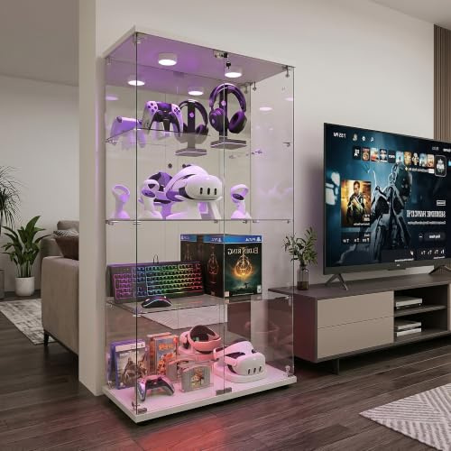BEIJIALY Vitrina de cristal con LED, vitrina de colección con 2 puertas y 4 estantes transparentes, vitrina de cristal con cerradura, para estatuillas, (Blanco, 4 capas 2 puertas + espejo LED)