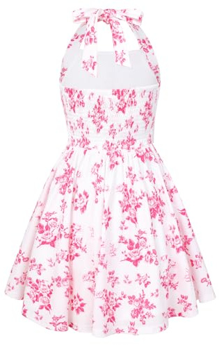 GRACE KARIN Vestido halter para niña, vestido floral, línea A, vestido informal con elástico floral, bohemio, playa, Flores Blancas Rosas, 14 años