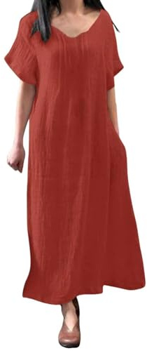 Générique Jupe Longue Unie en Coton et Lin pour Femmes, Robe Ete Femme Chic et Elegantample et décontractée avec Poches (Red, XXL)
