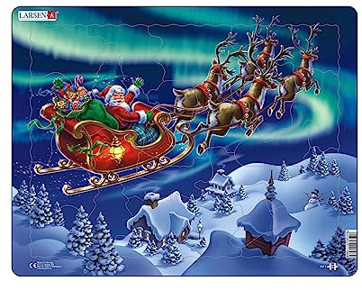 Larsen XM1 Rahmenpuzzle für Kinder, Alter 3–6, Weihnachtsmann und Schlitten, 26 Teile, festliches Lernspiel, stabiles Puzzle aus Norwegen