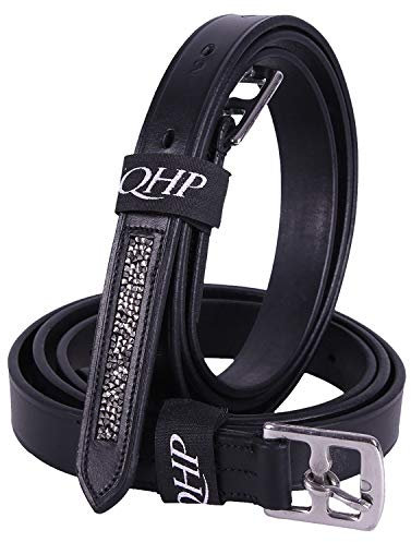 QHP Steigbügelriemen Lupine aus Leder schwarz mit Strass-Steinen am Ende (135 cm)