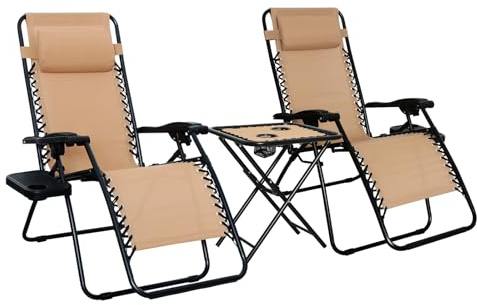 Amazon Basics Outdoor Textilene Adjustable Zero Gravity Folding Reclining Lounge Chair Set with Cup Holder, Side Table, Headrest, Weather-Resistant, 35 x 26 x 43 inches, Beige, 2-Pack