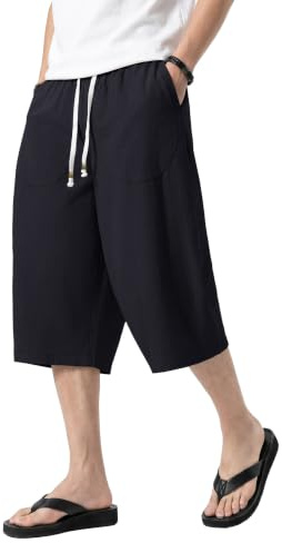 KEFITEVD Men's Shorts 3/4 Length Linen Loose Long Shorts Summer Casual Pants Elasticated Waist Beach Yoga Trousers with Pockets