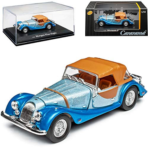 Cararama Morgan Plus Eight 8 Cabrio Soft Top Blau mit Sockel und Vitrine 1/43 Modell Auto