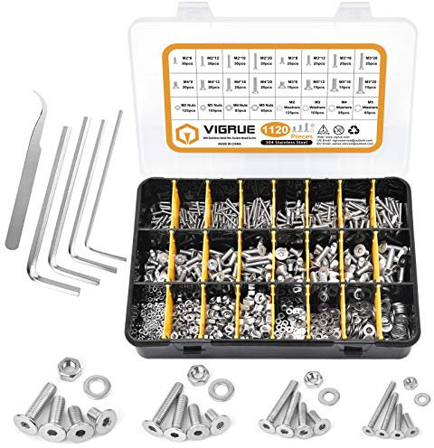 Senkkopfschrauben mit Innensechskant,VIGRUE 1120PCS M2 M3 M4 M5 Hex flach-Knopf Schraube Set A2-70 Edelstahl Senkkopf Schrauben Muttern und Unterlegscheiben Sortiment mit Schwarz Aufbewahrung Fall Box