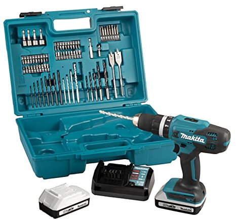 Makita HP488DAEX1 18V G-Series Combi Drill Complete with 2 x 2.0 Ah Batteries, Charger and 74 Piece Bit Set Supplied in a Carry Case, White, Grey