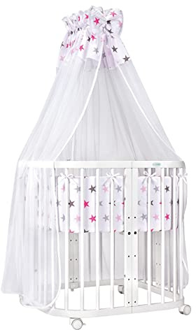 Waldin Babybett aus Holz 7in1 mit Matratze, Mitwachsendes Kinder-Bett, Belüftet, Boden 5-Fach Verstellbar, All-Inclusive-Set, Holz Weiß, Stoffe Sterne Pink