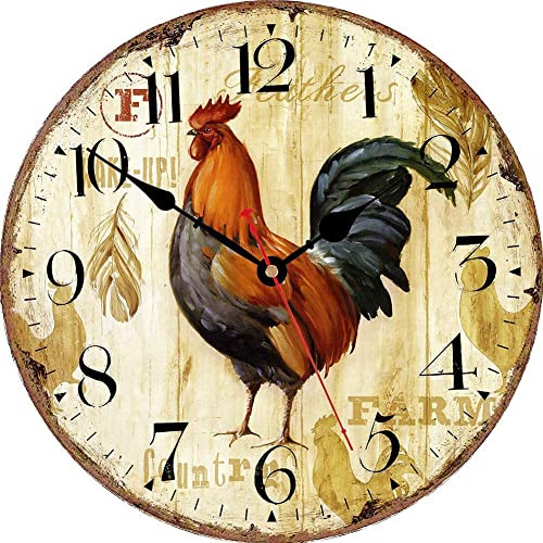 VIKMARI Kitchen Wall Clock, Small Vintage 12 Inch Rooster Chicken Clock, Silent Non Ticking Wooden Wall Clocks Decorative for Bedroom Living Room Office Farmhouse
