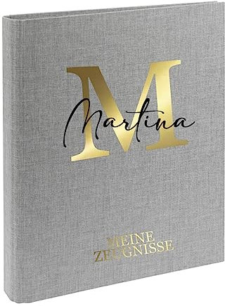 AWASG Zeugnismappe Kinder mit Namen personalisiert | Dokumentenmappe Buchstabe Initiale für Mädchen Jungen | Zeugnisordner Leinen zum Einsortieren von Urkunden (Grau)