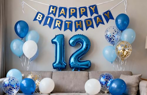 12. Födelsedagsdekoration pojke, blå guld, Happy Birthday-ballong, nummer 12, ballong blå, 12, födelsedag, latexkonfettiballong för 12 år, pojkar, födelsedagsdekoration (12)