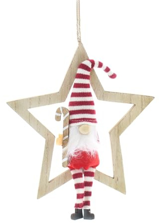 Festive Productions Christmas Wooden Star with Hanging Gonk Decoration 29cm Festive Xmas Tree Decor