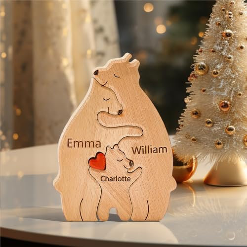Personalisiertes Holzkunstpuzzle der Bärenfamilie mit 2-10 Namen, Personalisierte Familiennamen Skulpturen, Personalisierte Home Dekoration Geschenke für Weihnachten Geburtstage（3 Namen）