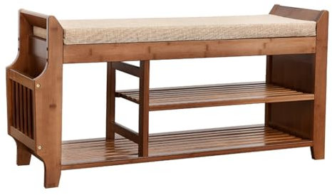 YUGXTH Schuhbank, 3-stufige Schuhregalbank aus Bambus, Sitzbank mit Gepolstertem Kissensitz, Schuhaufbewahrung mit Versteckter Schublade und Seitenhalter (Size : 38.8/98.5cm)