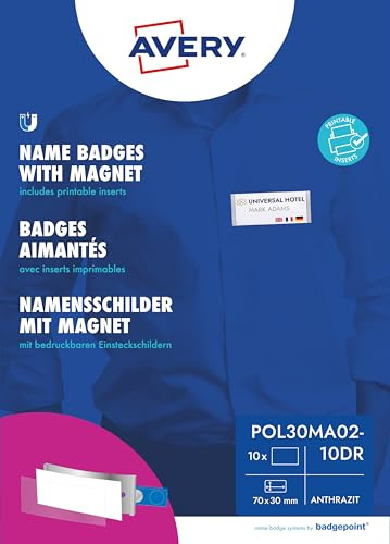 Badgepoint polar30 namnskyltar (70 x 30 mm, 10 skyltar med magnet, vridsäker, med tryckark för namnkort och mallar för tryck, magnetiska namnskyltar för kläder) antracit
