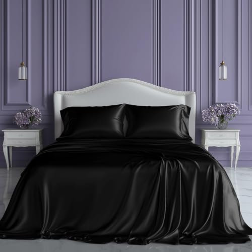SLEEP SANCTUARY Satin Sheets King Size – 4 Piece Luxury Silky Bed Set, Softer Than Silk, 15 Deep Pocket, Cooling & Wrinkle-Free, Moisture-Wicking & Breathable for Hair & Skin (Black)