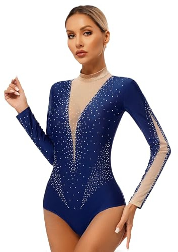 Vxuxlje Gymnastiktrikåer dam body dansande balett strass långärmad glänsande kroppsdräkt konståkning tävling våtdräkt gym sport yoga S-XXL, Marinblå, M