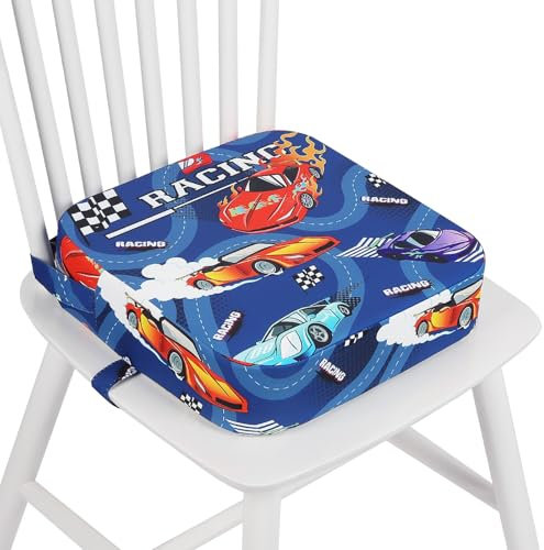 wooshwa Toddler Booster Seat for Dining Table, Kids Booster Seat for Kitchen Chair with Non-Slip Bottom, Portable Detachable Washable Increasing Cushion with 2 Adjustable Straps (Racing car)
