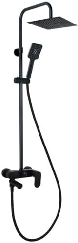 Sistema de Ducha y Baño Nite con Monomando Alpha SUB - Rociador Atlas 25x25 cm - Caño Plegable para Bañera - Altura Ajustable y Mango de 3 Funciones (Negro)