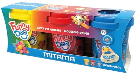 Mitama Tris 3 Barattolini Funny Doo, Pasta da modellare, 3 pezzi, Rosso Azzurro Giallo, da 2 anni in su, Gioco e Tempo Libero, Bambini