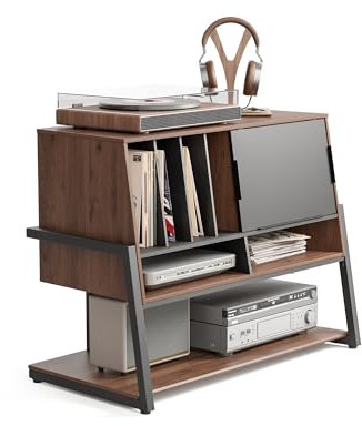 FITUEYES DESIGN Plattenspieler Tisch aus Holz, Großes Hifi Rack mit der ausziehbaren Schranktür, Plattenspieler Regal für 120 Schallplatten, mit der Tragfähigkeit 50 kg, Eiffel Serie
