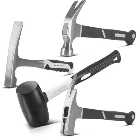 STAHLWERK Lot de 4 marteaux avec marteau de charpentier et marteau de maçon, marteau de charpentier et maillet en caoutchouc