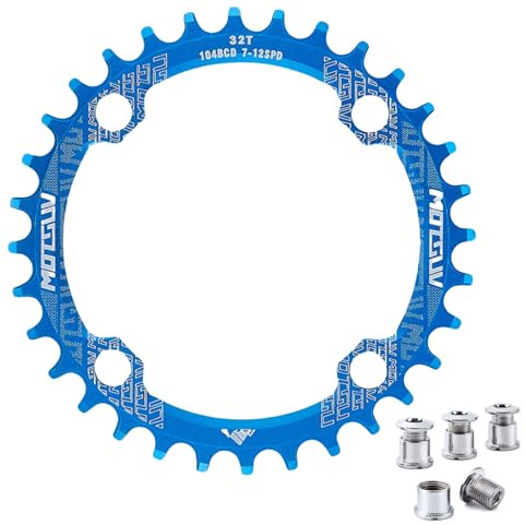 QIAMNI 104 BCD 32T 34T 36T 38T Narrow Wide Single Chain Ring with 4 Pieces Sprocket Bolts for Road Bikes, Mountain Bikes, BMX MTB Bike (Blue, 32T)