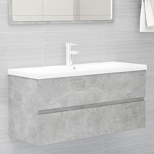Mobile da Bagno con Lavabo Integrato, Mobile Sottolavabo con Cassetto, 100 x 38,5 x 45 cm, in Legno Multistrato Grigio Cemento e Lavabo in Ceramica Bianca 101 x 39 x 18,5 cm con Rubinetto e Troppopien