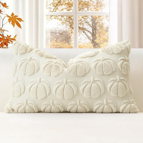 JOTOM Cream Beige Pumpkin Fall Cushion Covers 40x60cm Soft Plush Faux Fur Autumn Thanksgiving Decorative Throw Pillow Covers Pillow Case for Home Bedroom Couch Sofa Decor (Cream Beige)