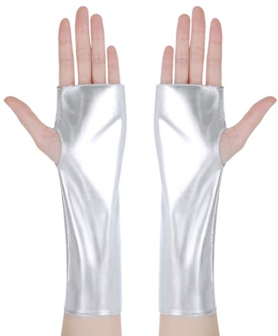 Telooco Mitaines en Cuir pour Femme Argent Gants de Danse en Cuir Verni Elégantes Mitaines pour Hommes et Femmes Courtes Protège-Bras Gothiques Punk Gants pour Halloween Cosplay Bals Masqués Moto