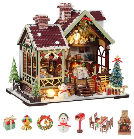 Taimimy Maison de Poupée en Bois Miniature Noël, Maison a Construire Kit,DIY Miniature De Jardin House avec Meubles et Lumière LED, Noël Cadeau de Bricolage Adultes(Pavillon Chaleureux Noël)