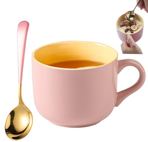 Soppkopp med handtag, stor 600 ml tekopp, stor keramisk kaffekopp, cappuccino-kopp, kaffe te müslikopp, flingskål med handtag, med sked, för kaffe, frukt, müsli, glass, rosa