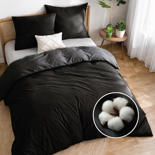 Dreamzie Funda nordica Cama 180 Algodon - Funda edredon 240x260 con Cierre + 2 Fundas Almohada 65x65 - Juego de Cama Liso y Reversible - Negro