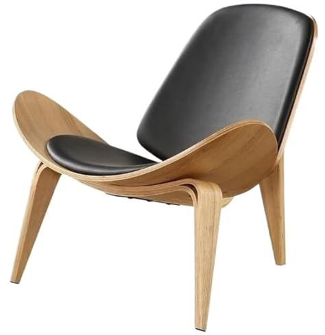 JingNian Iconic Shell Chair, Mid-Century Modern Lounge Accent Chair In Walnut Wood With Faux Leather Padded Seat, Tripod Plywood Easy Chair For Living Room, Bedroom & Office(Black)