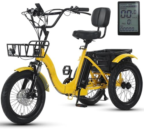 Triciclo Elettrico Per Adulti, Triciclo Pieghevole Con Pneumatici Larghi 18, Autonomia Massima Di 44km, Con Batteria Rimovibile, Capacità Di Carico Di 200kg, Per Passeggiare E Fare Shopping Yellow