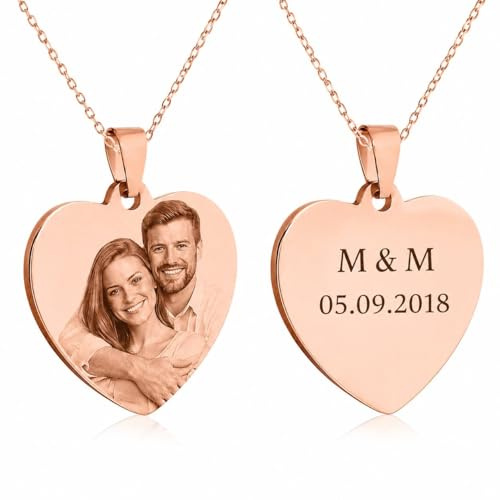 Collana con Ciondolo Cuore Personalizzato con Foto e Incisione – Collana Donna in Acciaio Inossidabile – Regalo Personalizzato per Lei, Coppia, Anniversario (Oro rosa)