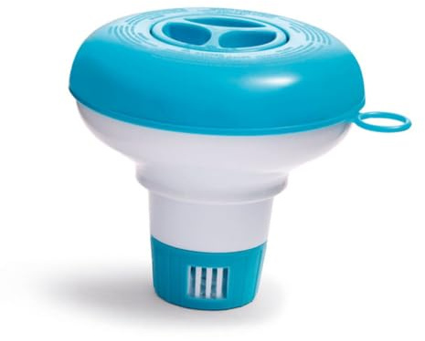 Dispensador flotante para el cuidado del agua de la piscina para tabletas de cloro, flotador de piscina con apertura superior de recarga, cuerpo azul y blanco para piscinas y configuraciones de spa