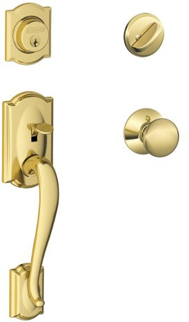 SCHLAGE Camelot Single Cylinder Handleset and Plymouth Knob, Bright Brass (F60 CAM 505 PLY 605)