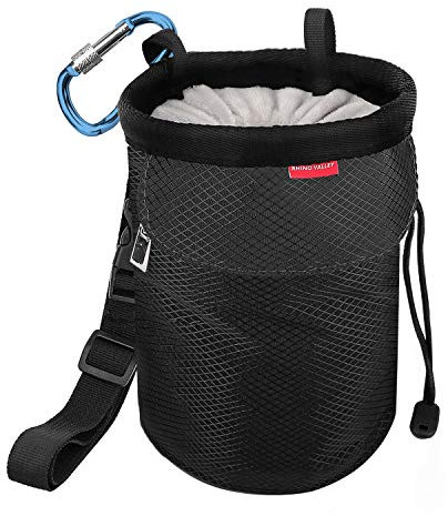 Rhino Valley Magnesiumbeutel, Dicht Chalkbag Kordelzug Magnesiabeutel mit Einstellbar Band, Karabinerclip und Reißverschlusstasche für Klettern, Gymnastik, Cross Fit, Gewichtheben, Schwarz